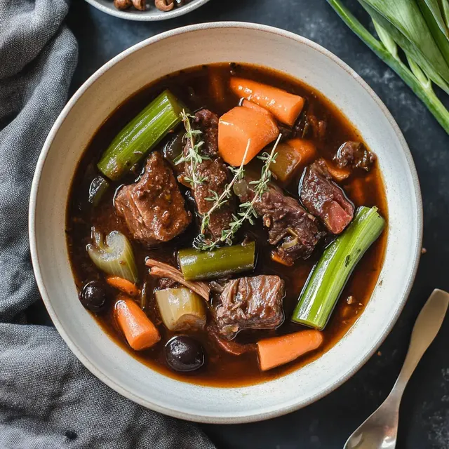 Un ragoût de bœuf mijoté avec des carottes, herbes et céleri, accompagné d'un tissu gris et d'ingrédients disposés à l'arrière-plan.