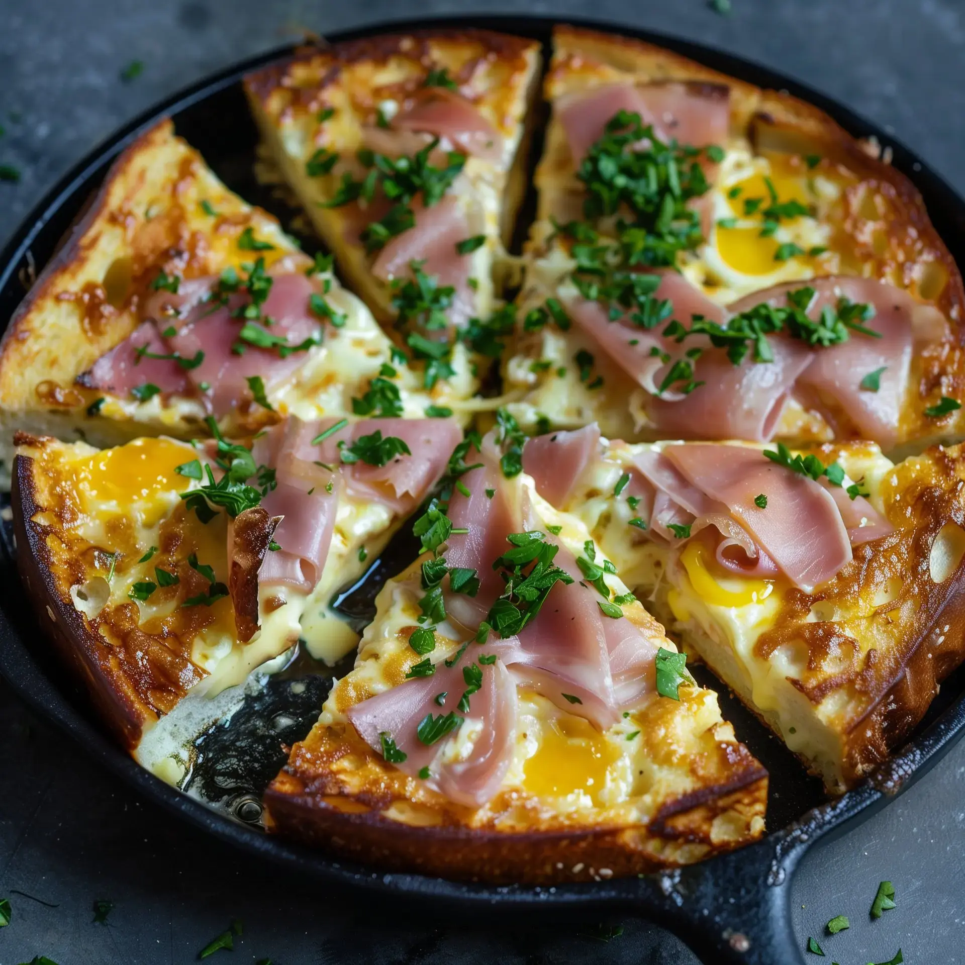 Une délicieuse part de pain doré avec jambon et fromage servis dans une poêle rustique.