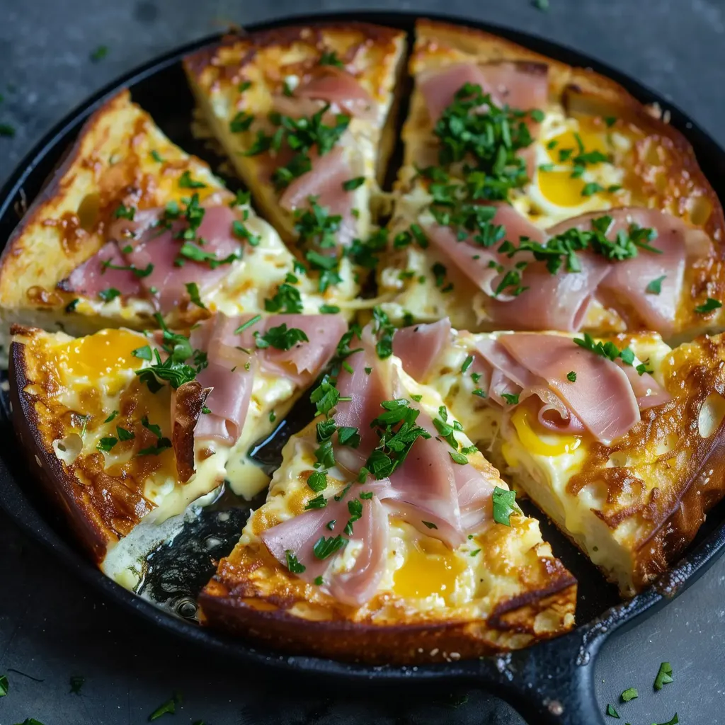 Une délicieuse part de pain doré avec jambon et fromage servis dans une poêle rustique.