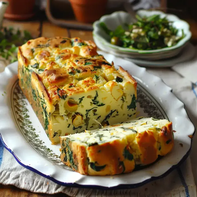 Des tranches de cake salé aux épinards et fromage sont joliment disposées sur un plat.