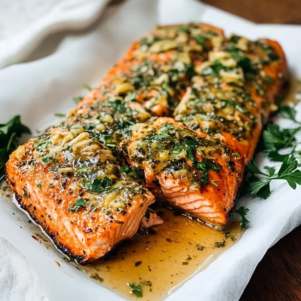 Plat de saumon tendre, nappé de sauce aux herbes et accompagné d'oignons fondants dans un jus léger.