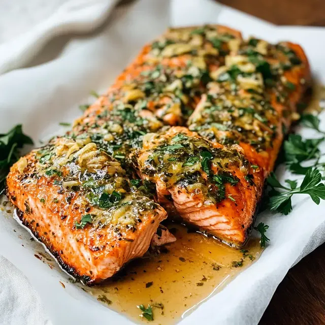 Plat de saumon tendre, nappé de sauce aux herbes et accompagné d'oignons fondants dans un jus léger.