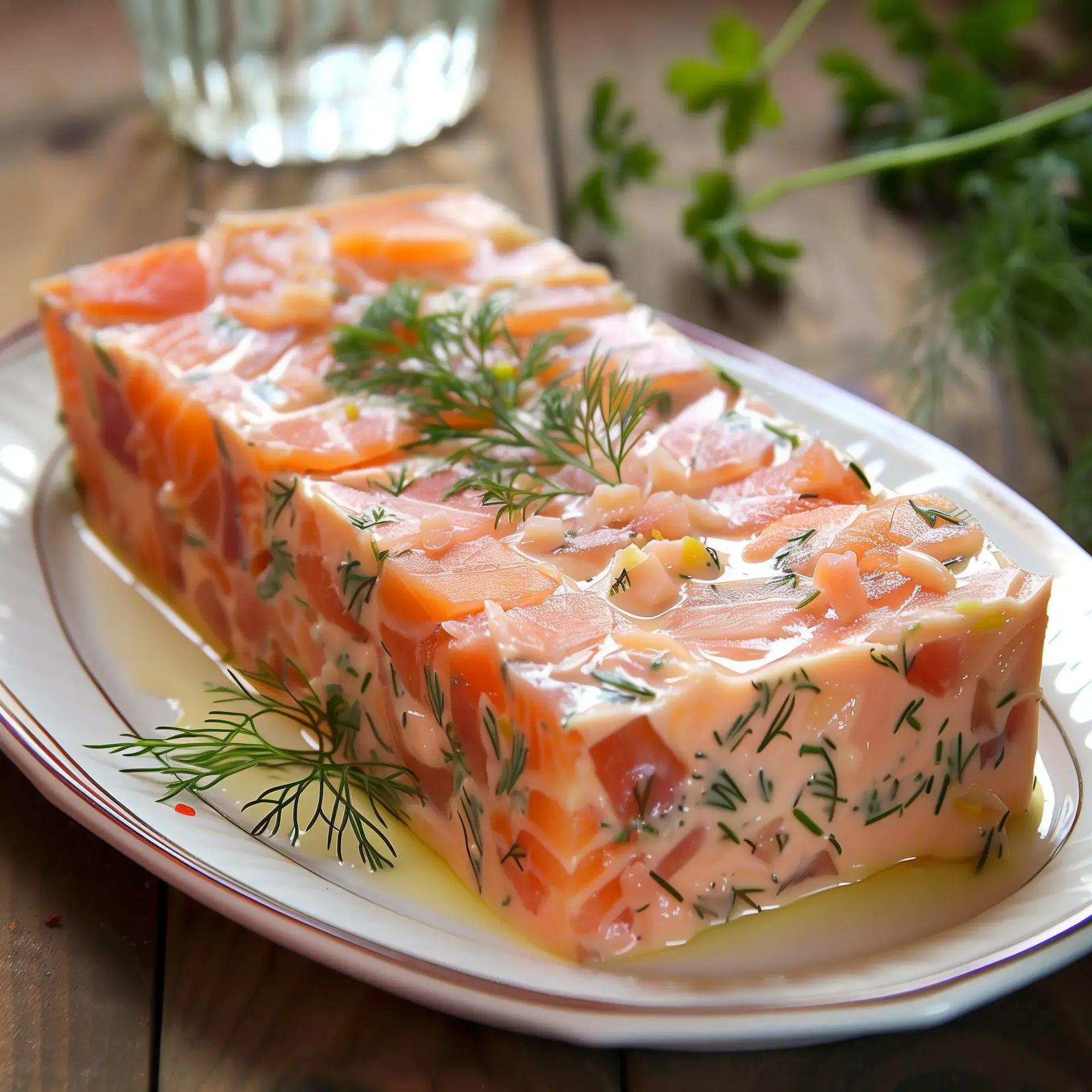Une terrine de saumon joliment décorée avec de l'aneth et des amandes, prête à être dégustée.