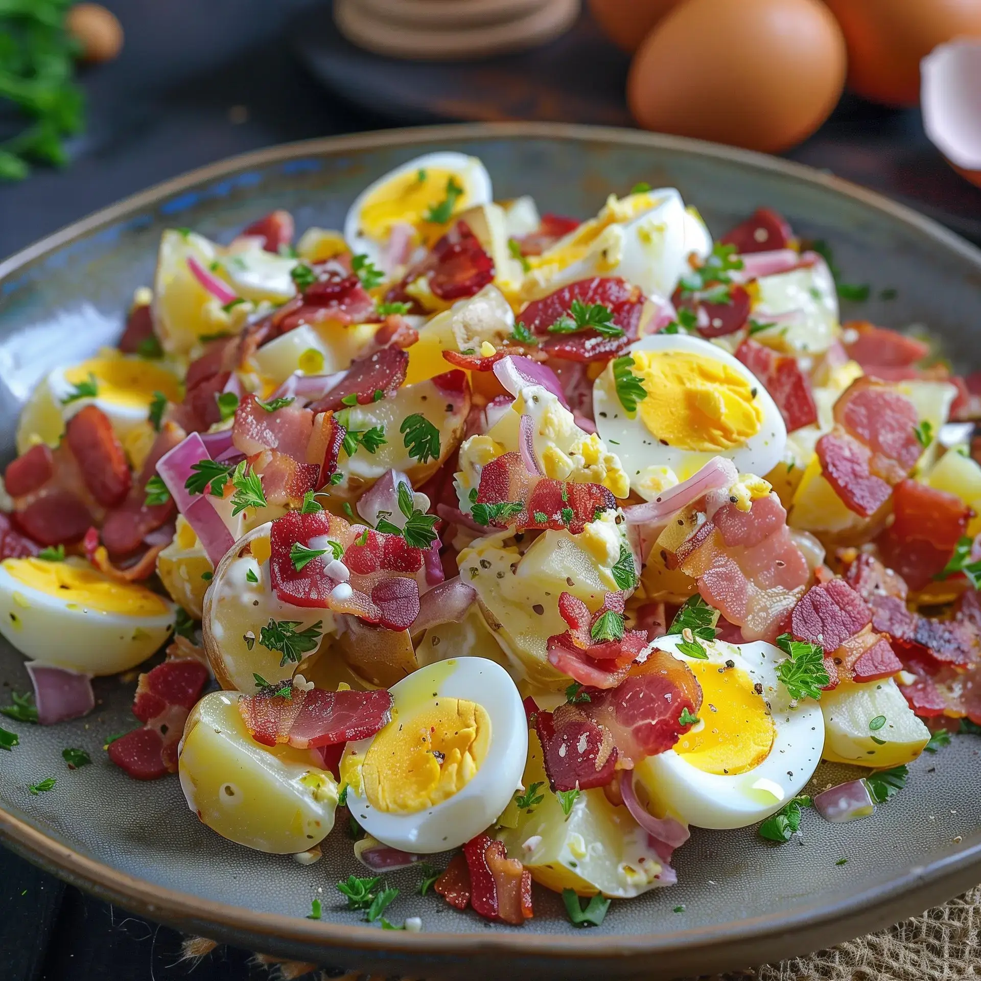 Des pommes de terre avec des œufs, des lardons grillés, des oignons rouges et une touche de persil.