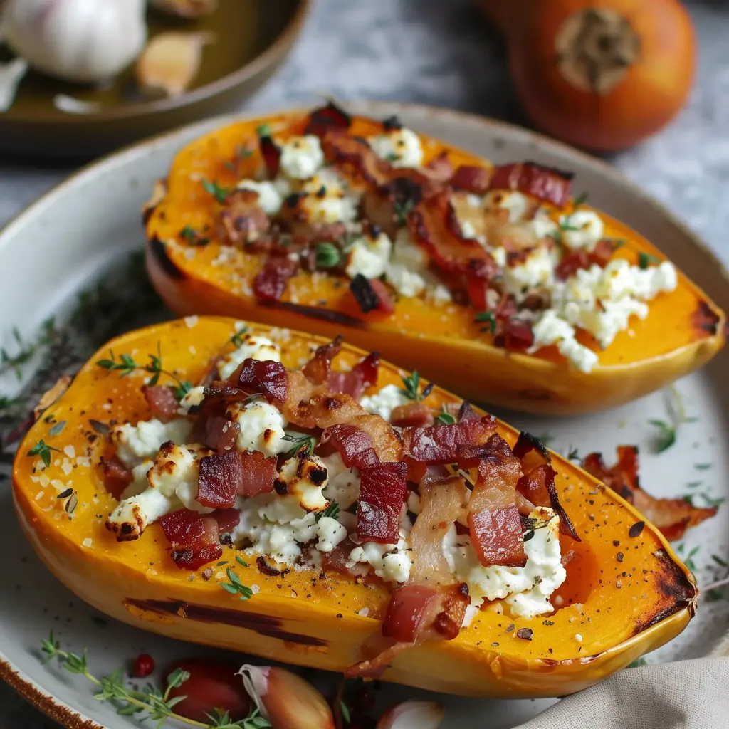 Deux morceaux de courge butternut rôtis farcis avec chèvre, lardons croustillants et thym, servis joliment sur une assiette.