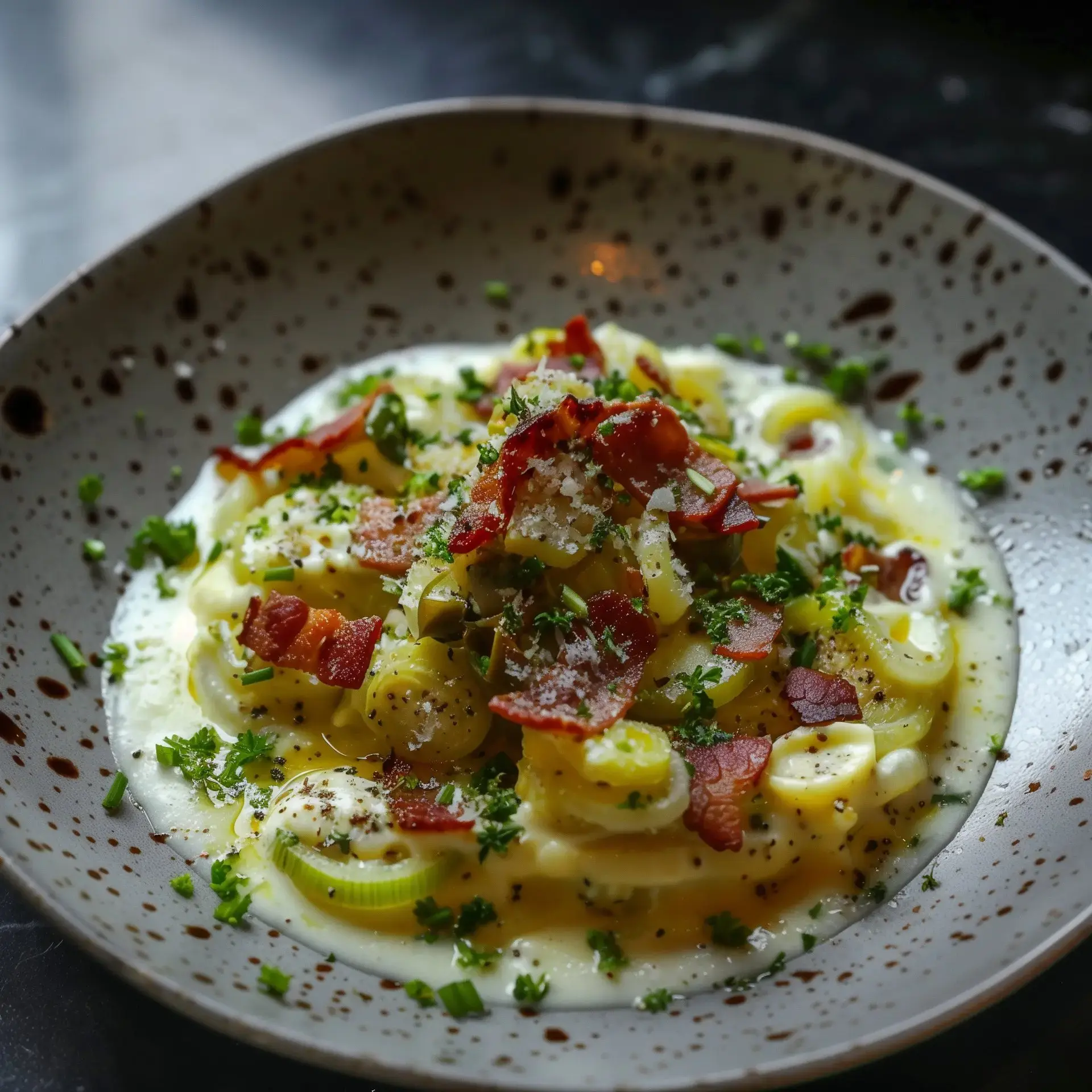 Des poireaux accompagnés d'une sauce crémeuse et de lardons croustillants, parsemés de persil frais, dans un bol élégant.