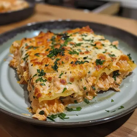 Un plat généreux de lasagnes gratinées, garni de fromage fondant et de persil frais, présenté sur une assiette.