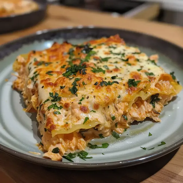 Un plat généreux de lasagnes gratinées, garni de fromage fondant et de persil frais, présenté sur une assiette.