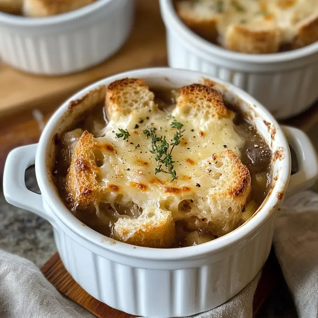 Une savoureuse soupe gratinée aux oignons avec des morceaux de pain croustillant et du fromage doré.