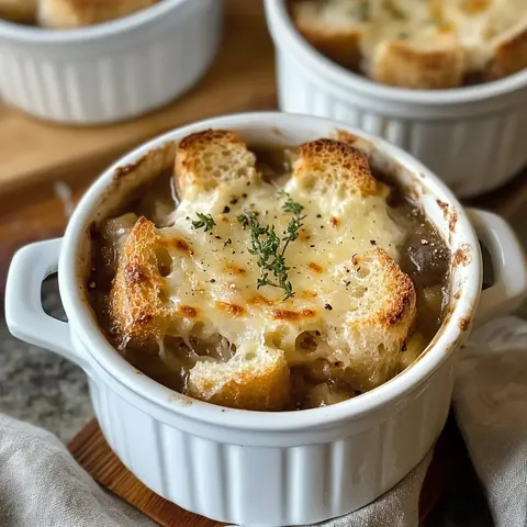 Une savoureuse soupe gratinée aux oignons avec des morceaux de pain croustillant et du fromage doré.