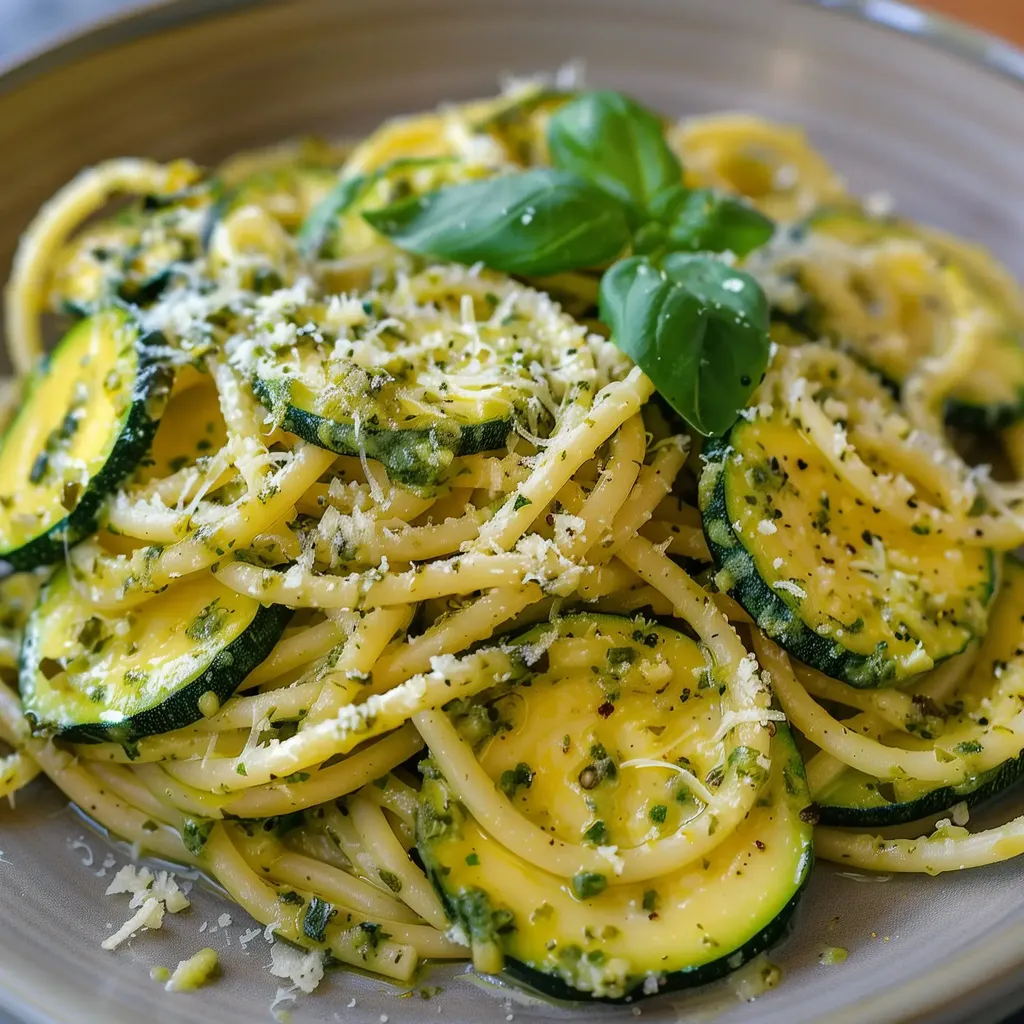 Courgettes en sauce crémeuse sur des spaghetti, parsemés de parmesan et de basilic.
