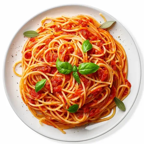 Un plat de pâtes garni de sauce tomate et de feuilles de basilic.