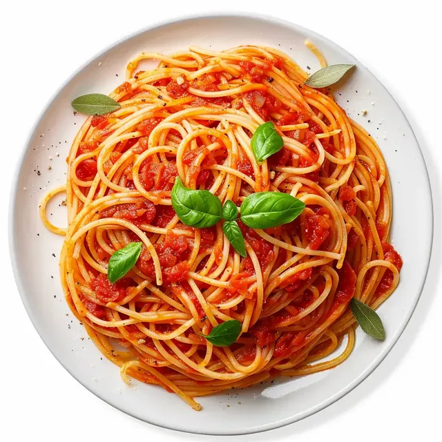 Un plat de pâtes garni de sauce tomate et de feuilles de basilic.