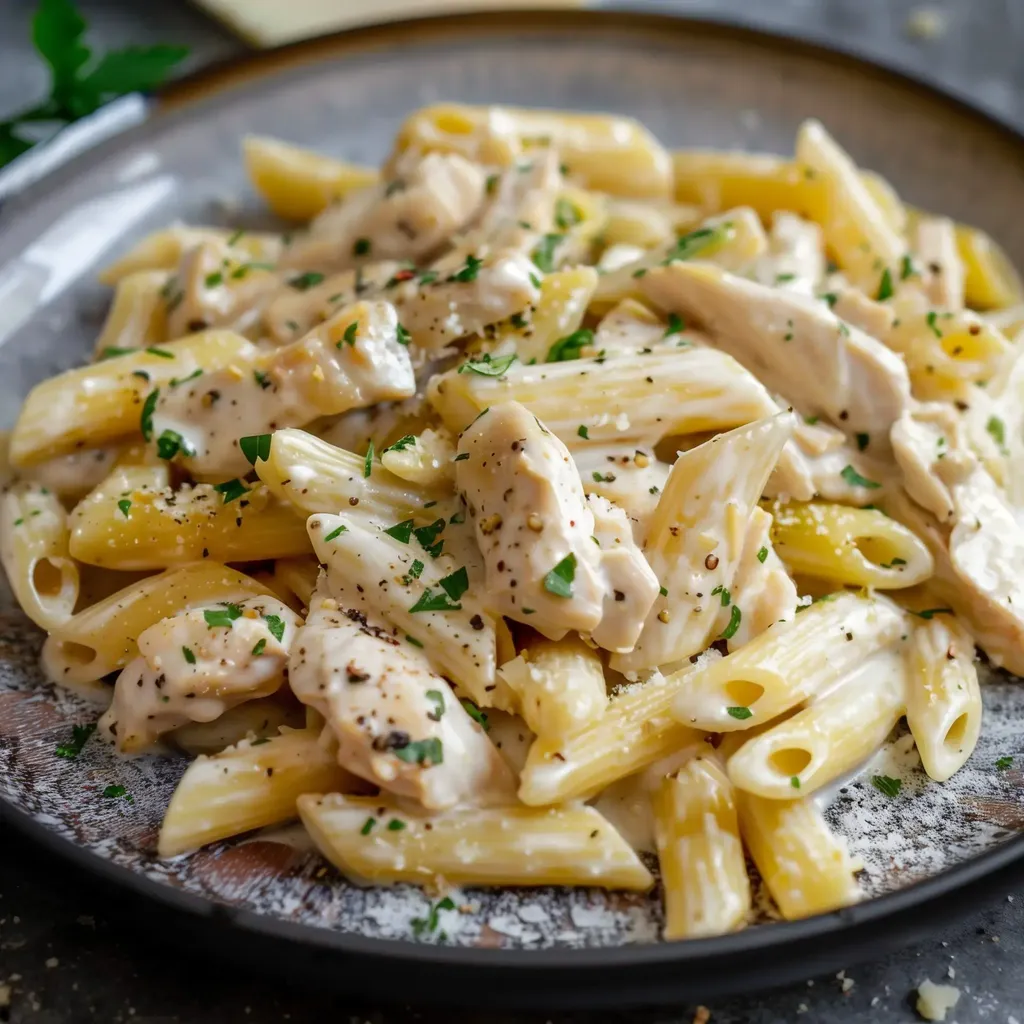 Un plat de pâtes crémeuses au Boursin avec du poulet et un peu de persil.