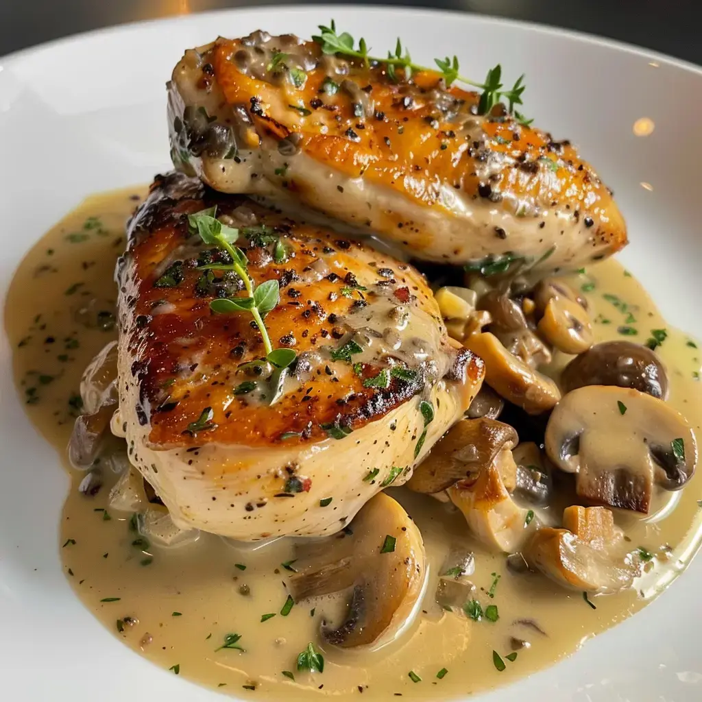 Blancs de poulet dorés avec thym, servis sur une sauce aux champignons riches et veloutée.