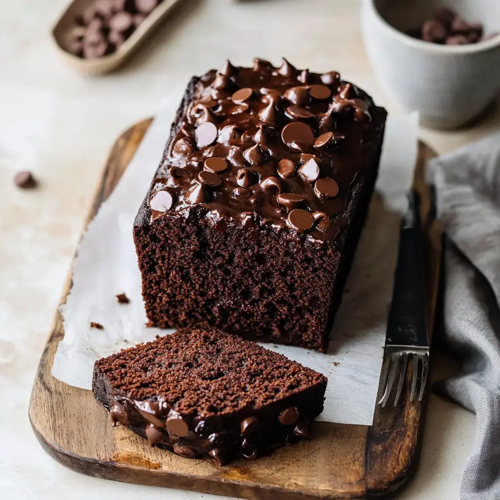 Délicieux gâteau au chocolat avec courgettes et pépites de chocolat, posé sur une planche en bois.