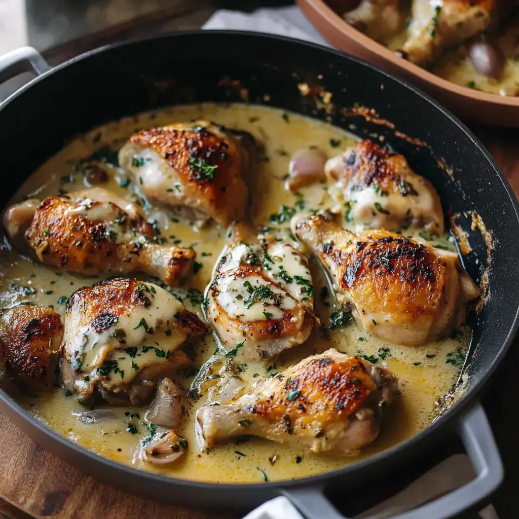 Plat de poulet tendre avec une sauce crémeuse et du persil frais, servi dans une poêle.