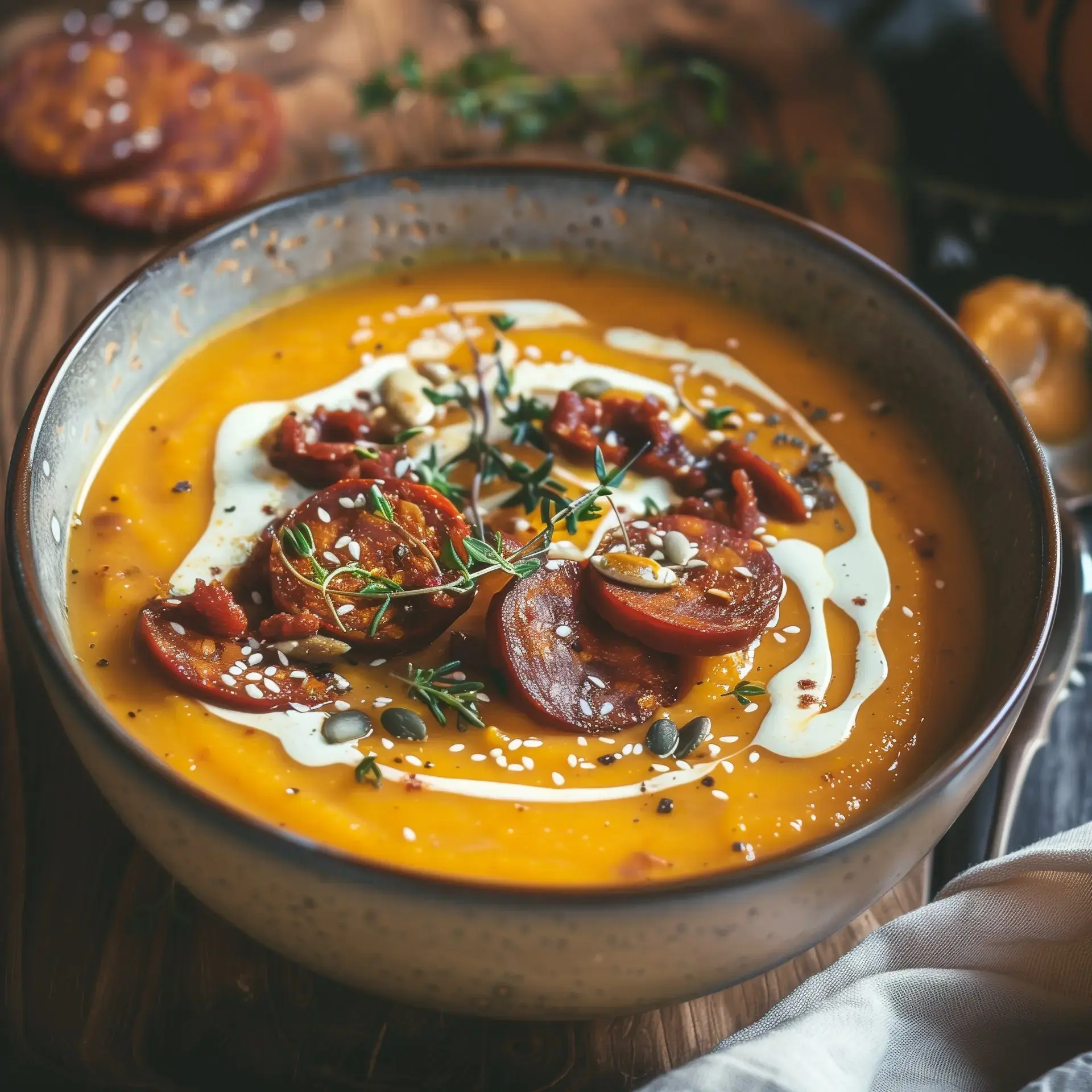 Potage de courge décoré avec chorizo, crème, graines, et herbes fraîches.