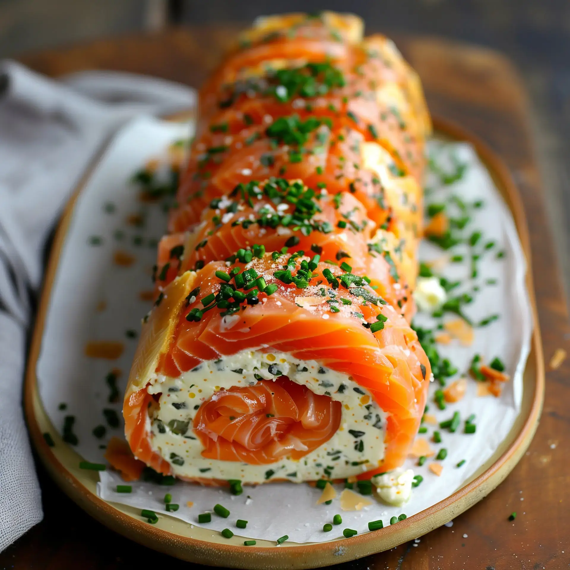 Roulés saumon fumé avec fromage frais et ciboulette, servis joliment sur un plat.