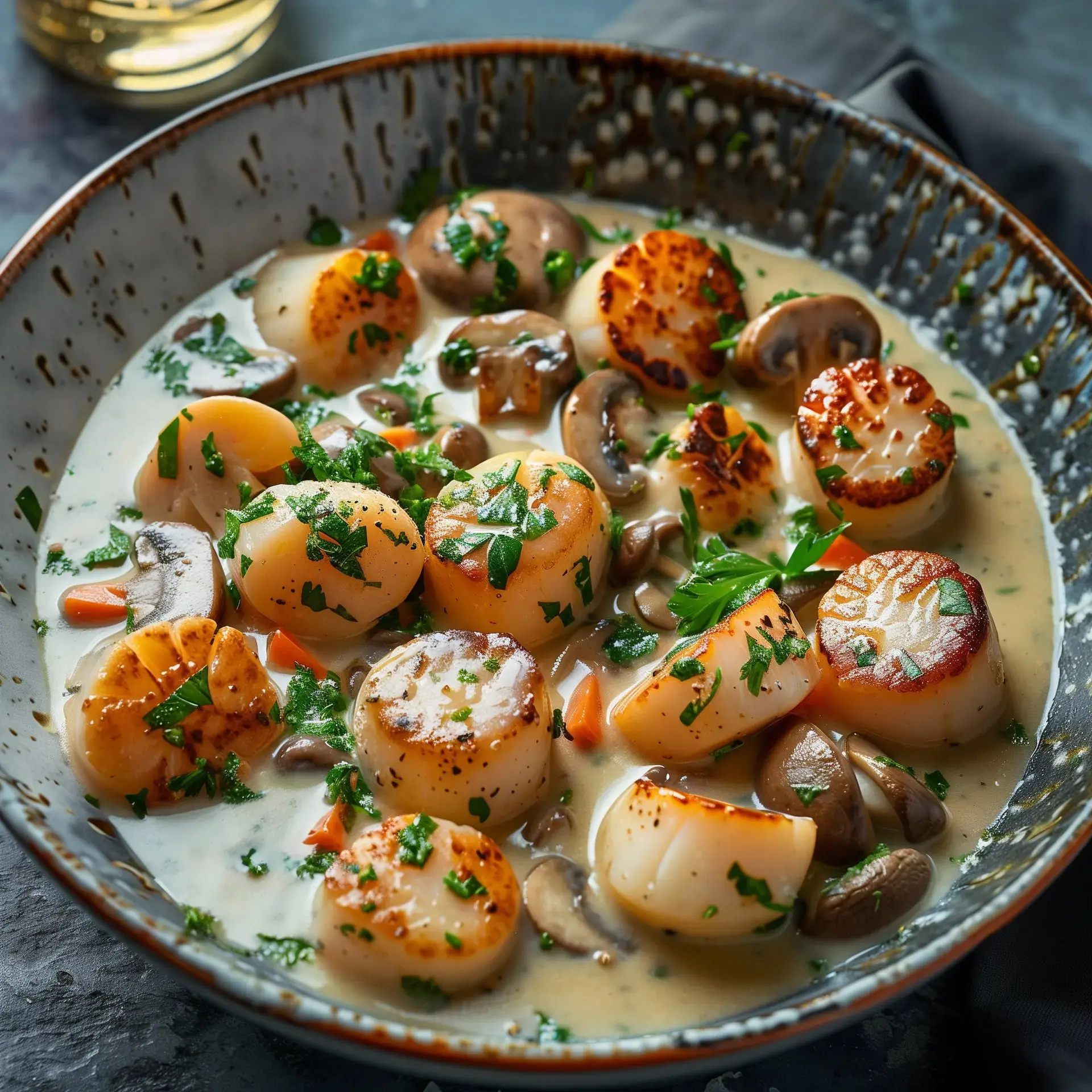 Des Saint-Jacques nappées d'une sauce crémeuse avec des champignons, garnies de persil frais dans une assiette.