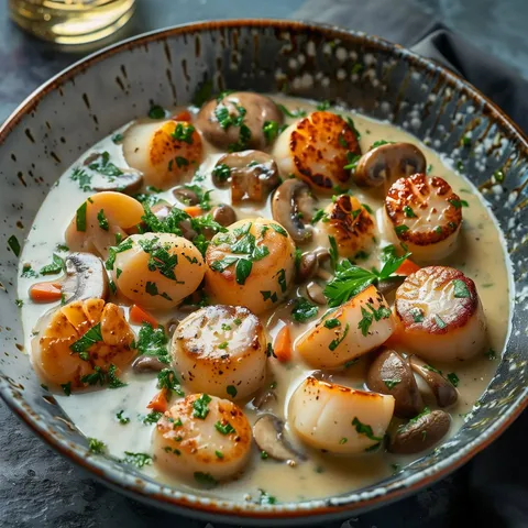 Des Saint-Jacques nappées d'une sauce crémeuse avec des champignons, garnies de persil frais dans une assiette.