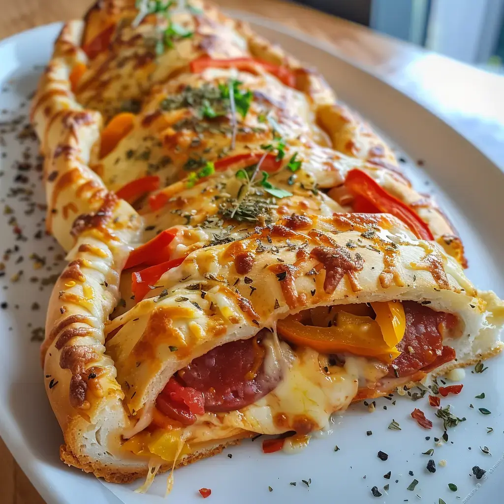 Un délicieux pain tressé farci de chorizo, mozzarella et poivrons, avec des herbes pour une touche parfumée.
