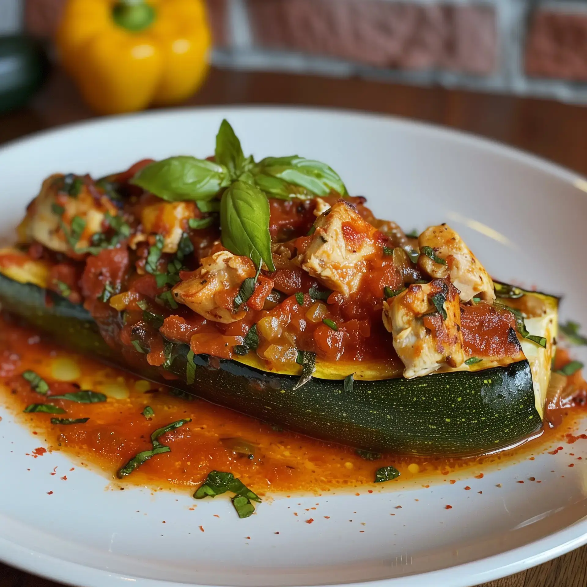 Plat joliment garni de poulet dans des courgettes avec de la sauce, décoré de basilic.