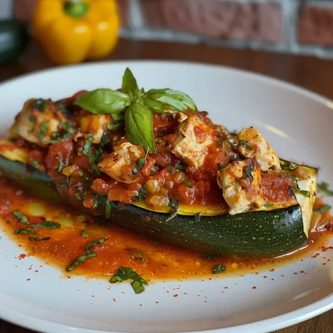 Plat joliment garni de poulet dans des courgettes avec de la sauce, décoré de basilic.