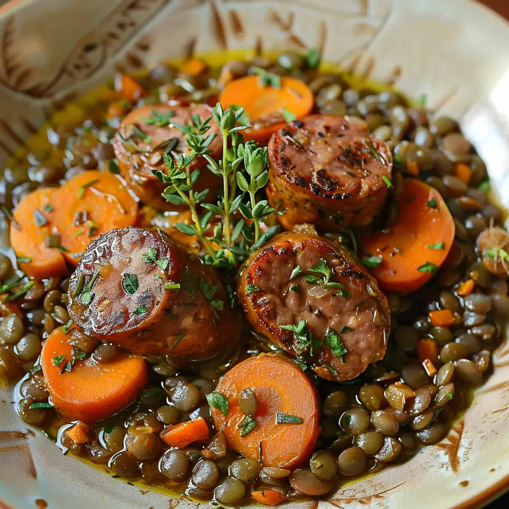 Assiette de lentilles mijotées avec saucisse de Morteau et rondelles de carottes, décorée de thym frais.