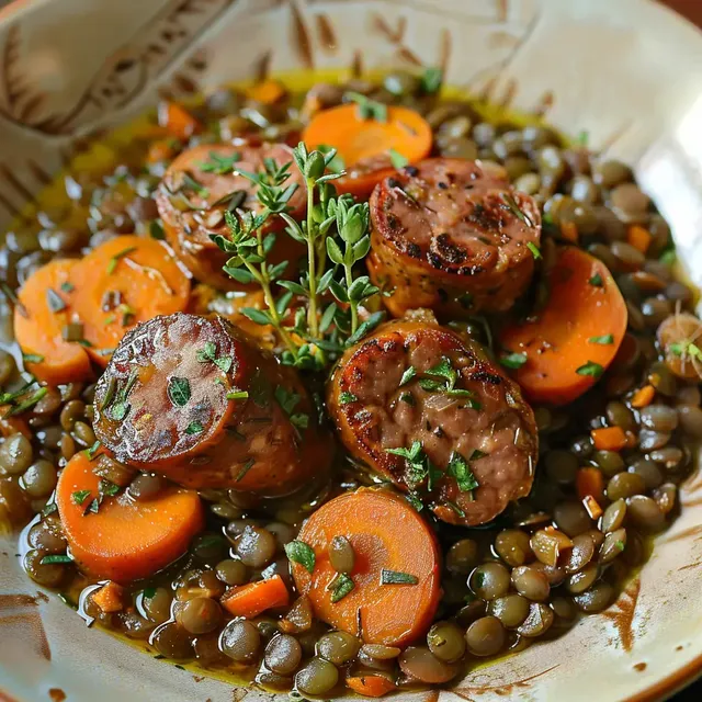 Assiette de lentilles mijotées avec saucisse de Morteau et rondelles de carottes, décorée de thym frais.