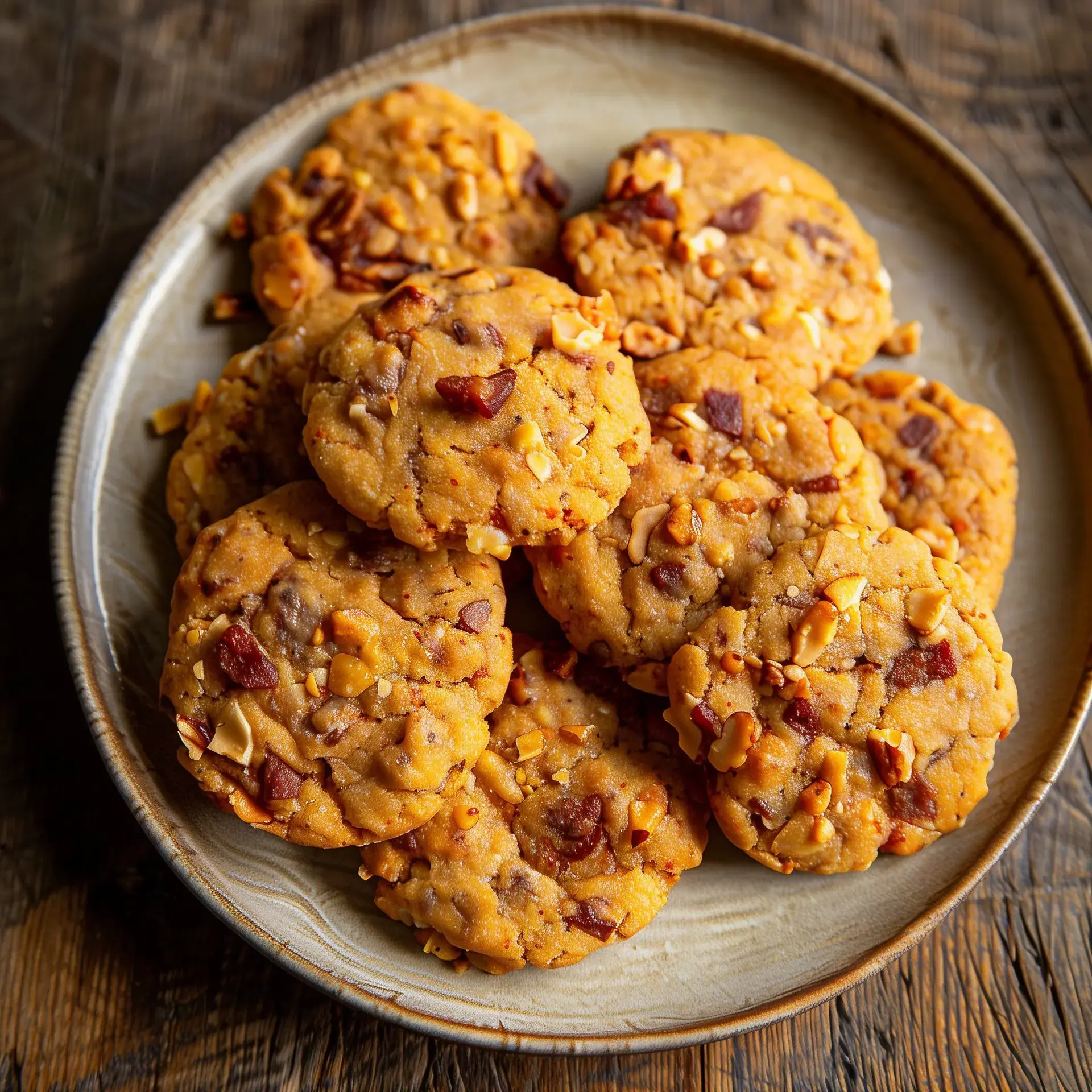 Des biscuits dorés avec des éclats de noix et de chorizo présentés dans un plat élégant.