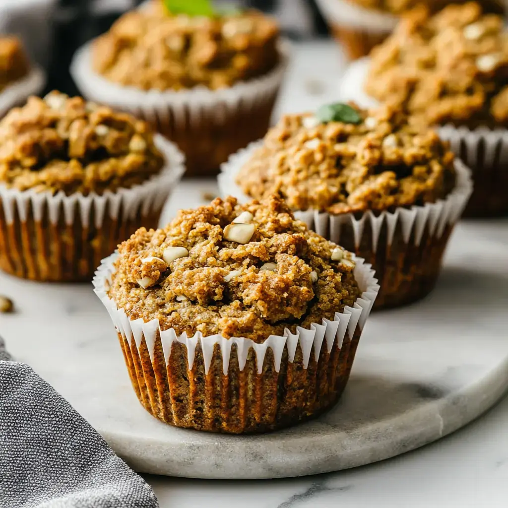 Une assiette présente des muffins moelleux, dorés et décorés de noix.