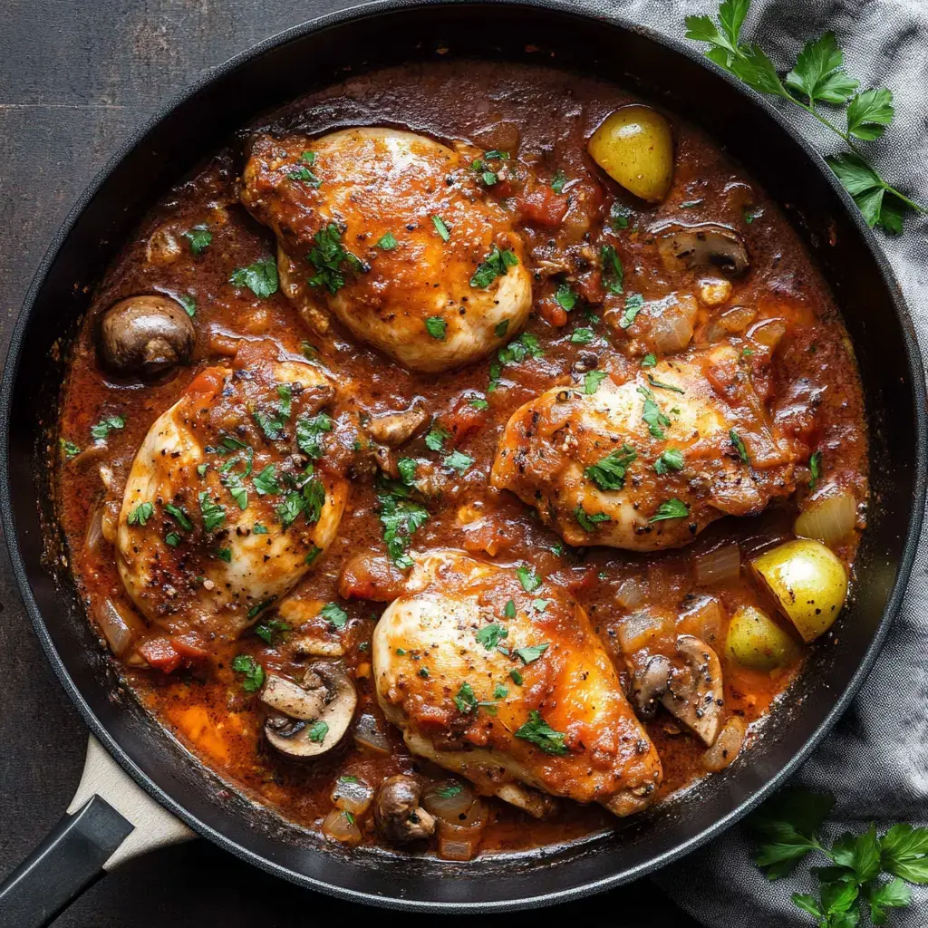Poulet mijoté avec champignons, tomates et herbes dans une poêle.