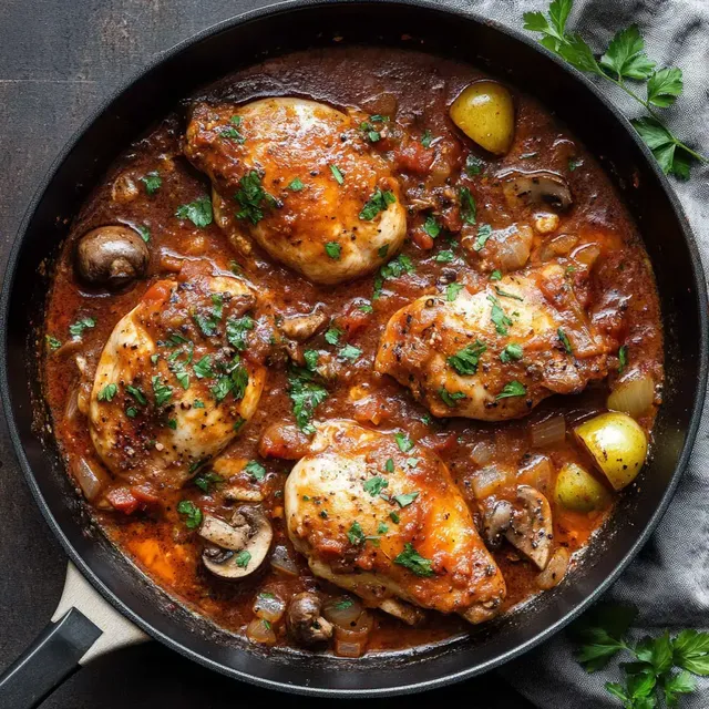 Poulet mijoté avec champignons, tomates et herbes dans une poêle.