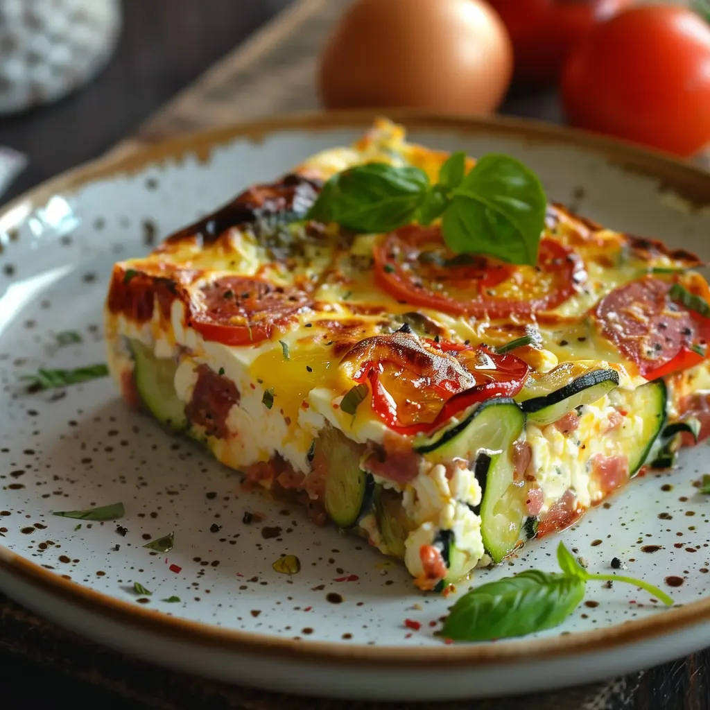 Une part de terrine aux légumes avec des tomates et des feuilles de basilic sur une assiette.