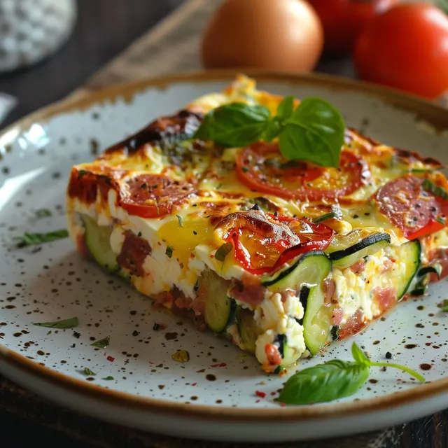 Une part de terrine aux légumes avec des tomates et des feuilles de basilic sur une assiette.