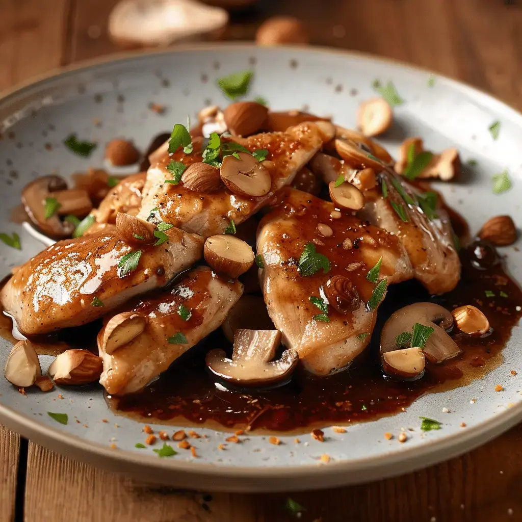 Poulet tendre avec champignons et noisettes grillées avec persil.
