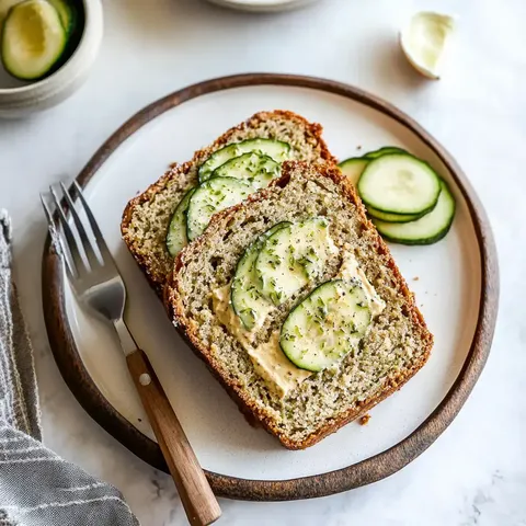 Assiette contenant une tranche nappée de fromage frais et de fines rondelles de concombre, accompagnée d'une fourchette.