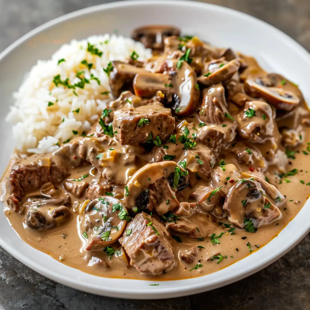 Bœuf Stroganoff garni de persil, nappé de sauce crémeuse, accompagné de riz blanc.