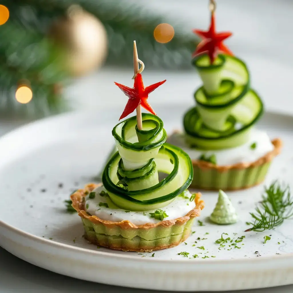 Deux délicieuses tartelettes en forme de sapins de Noël, décorées de spirales de concombre et d'étoiles de poivron.