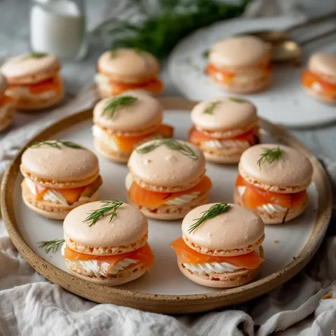 Des macarons remplis de saumon fumé et de fromage crémeux, décorés d'aneth, sur un plateau.
