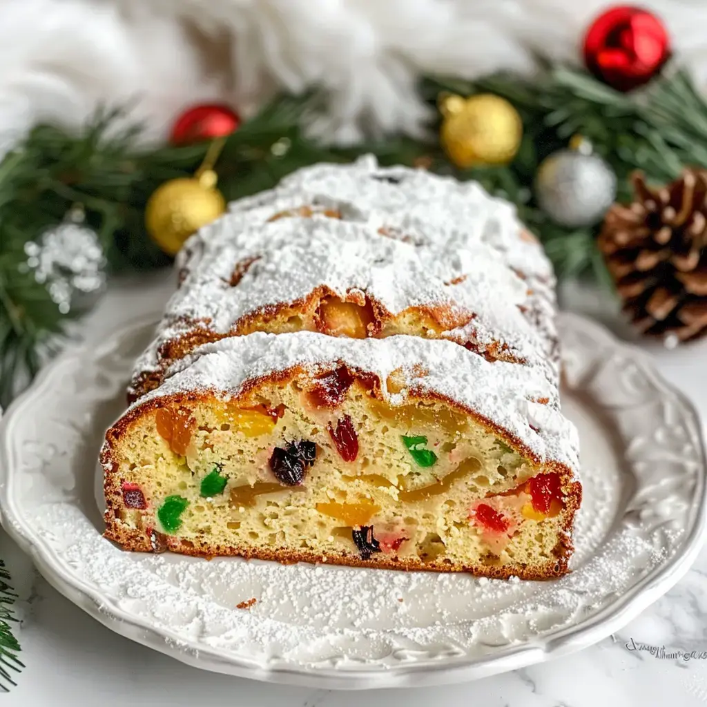 Un pain sucré parsemé de fruits confits et recouvert de sucre glace, présenté avec des décorations festives.