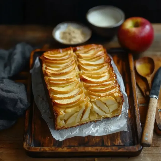Des tranches dorées d'un gâteau pomme posé sur une planche avec une pomme à côté, accompagnées de crème fraîche et de sucre.