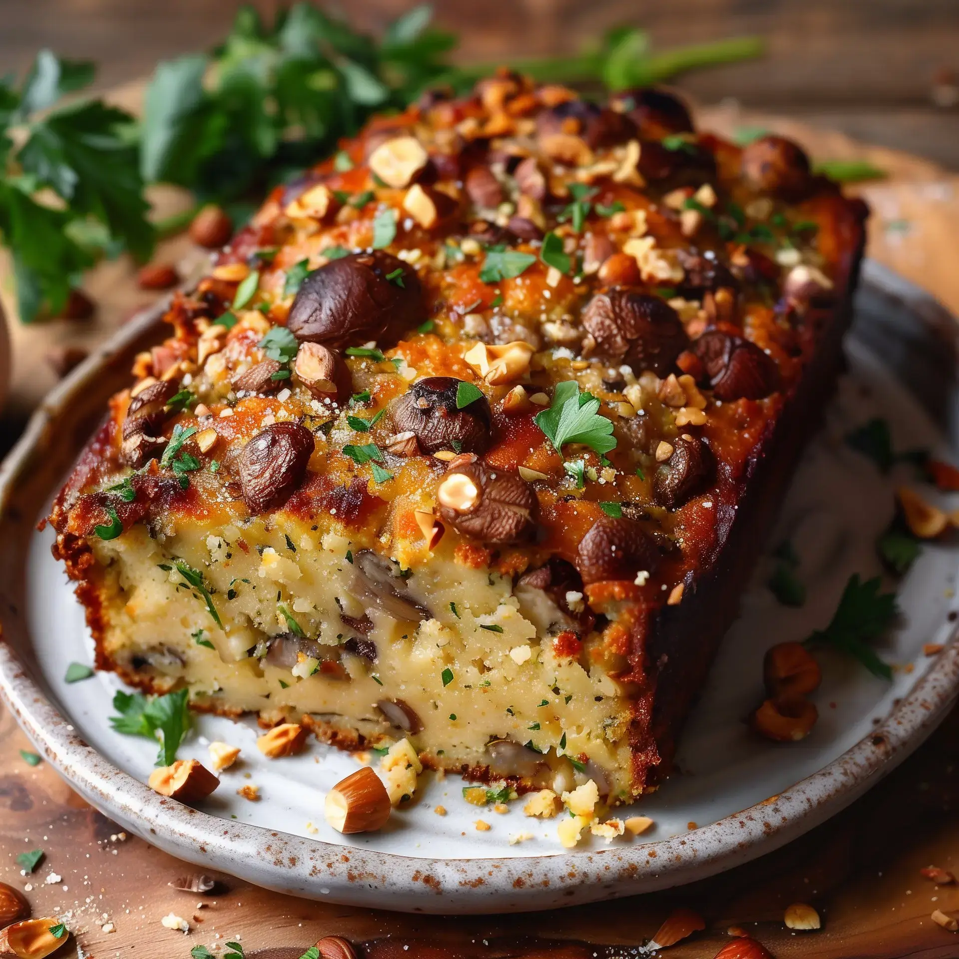 Un cake savoureux aux champignons, Comté et noisettes, décoré de persil frais, parfait pour un apéro.
