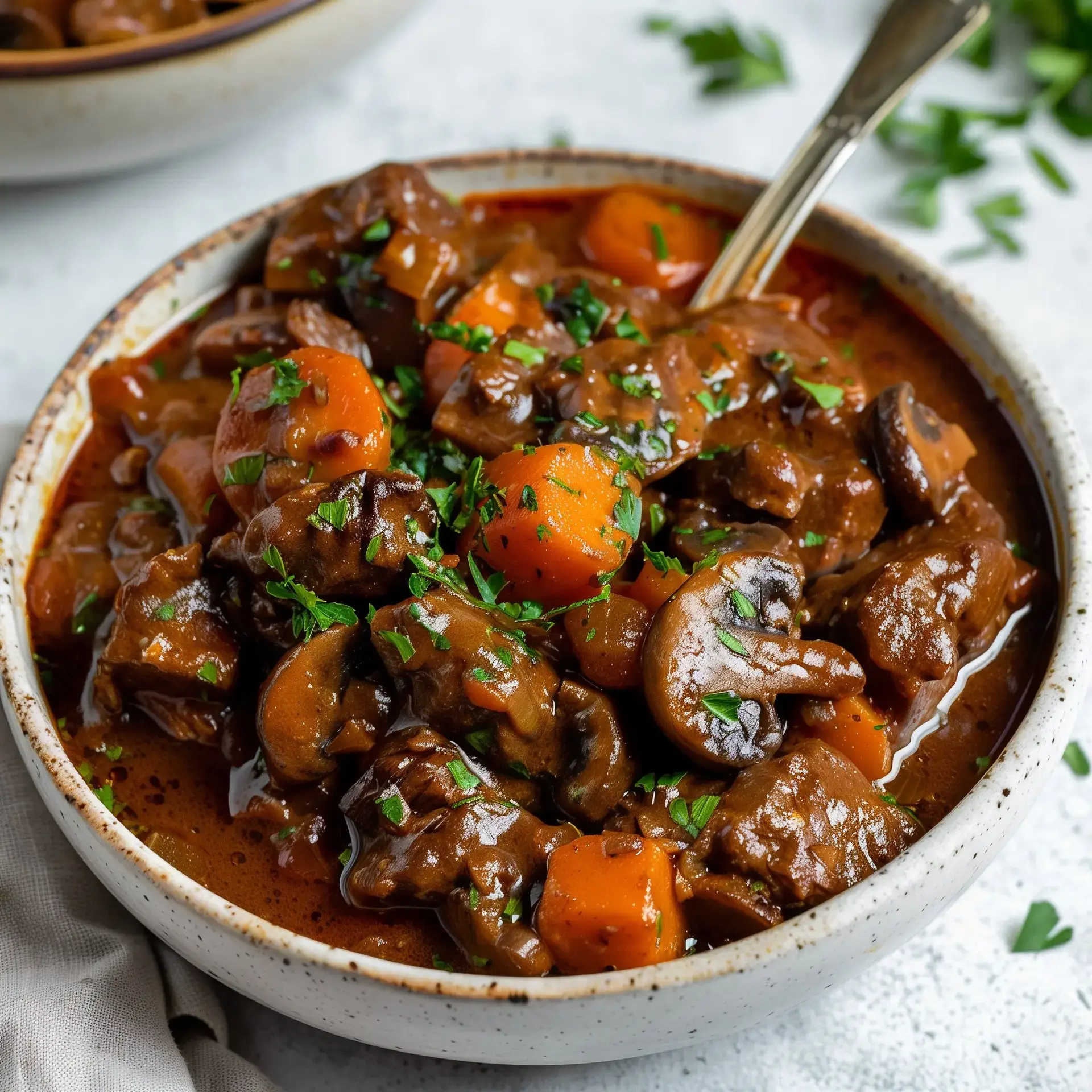 Du ragoût riche avec viande, champignons et carottes, décoré avec persil frais.