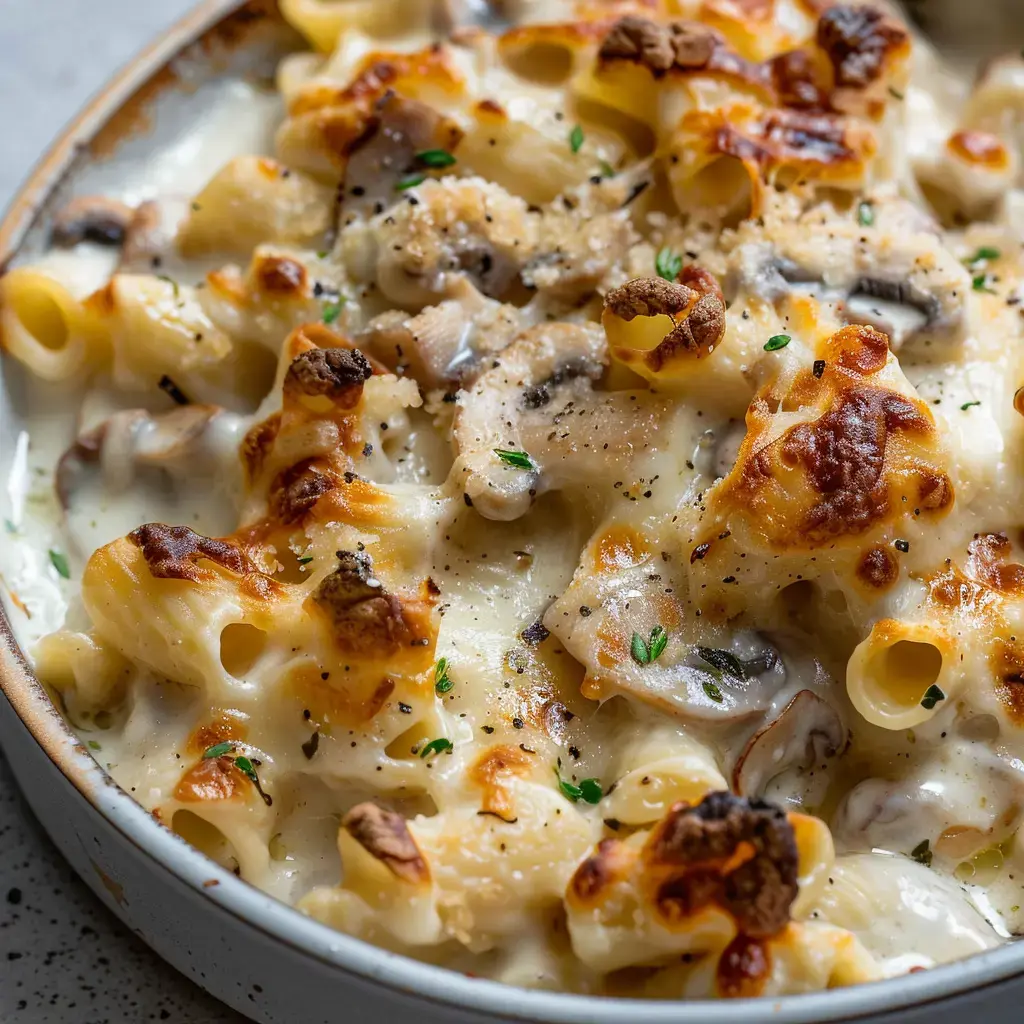 Pâtes crémeuses gratinées avec champignons et croûte dorée en surface.
