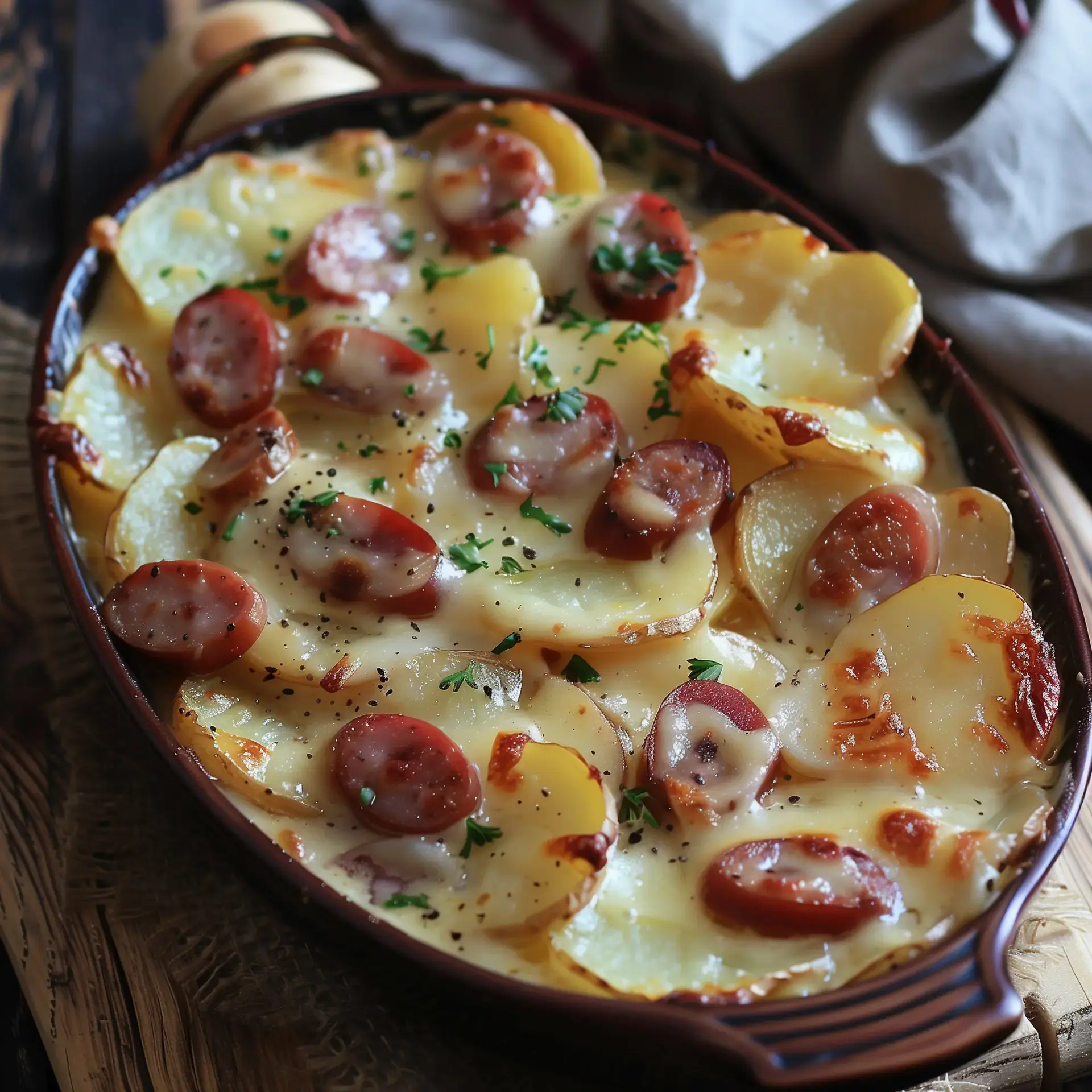 Pommes de terre gratinées avec saucisses et fromage fondu, saupoudrées de persil frais.