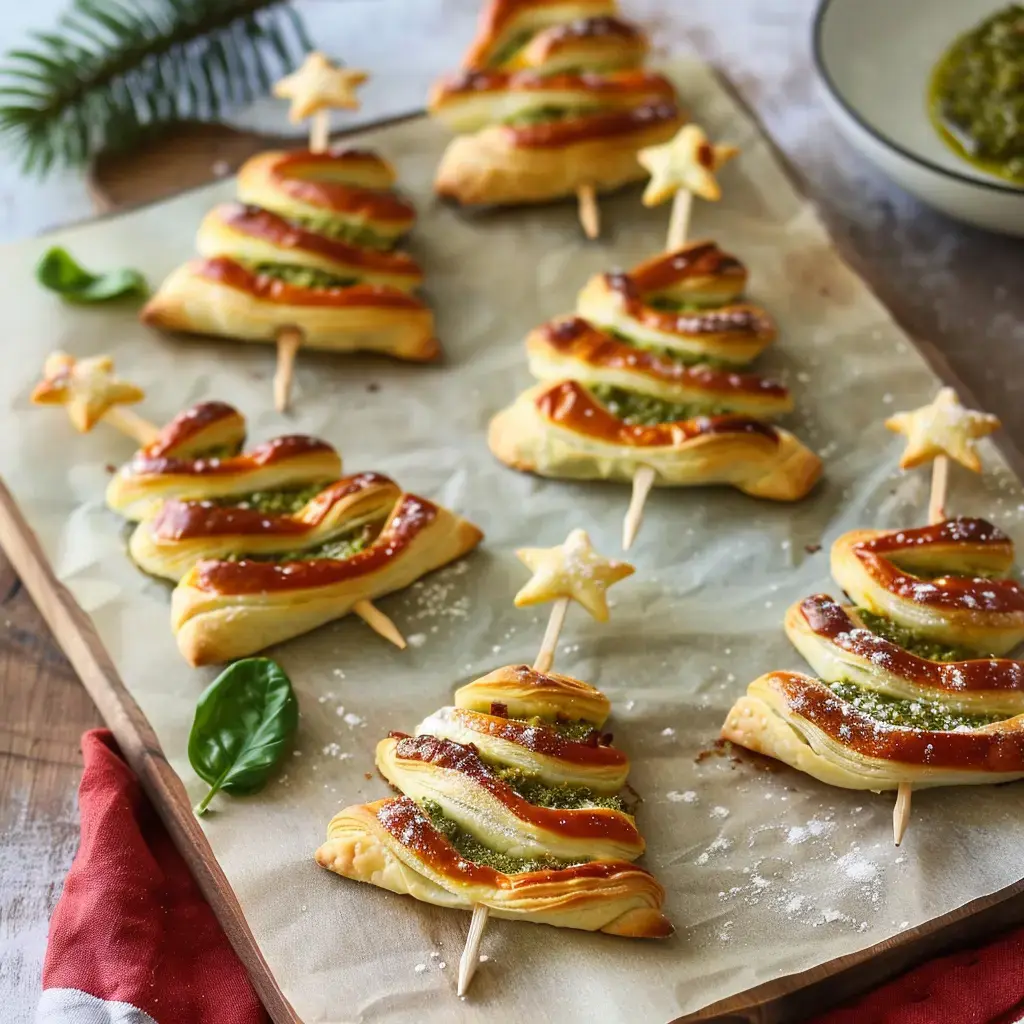 Des sapins de Noël feuilletés garnis de pesto et décorés d'une étoile, posés sur un papier cuisson.