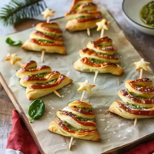 Des sapins de Noël feuilletés garnis de pesto et décorés d'une étoile, posés sur un papier cuisson.