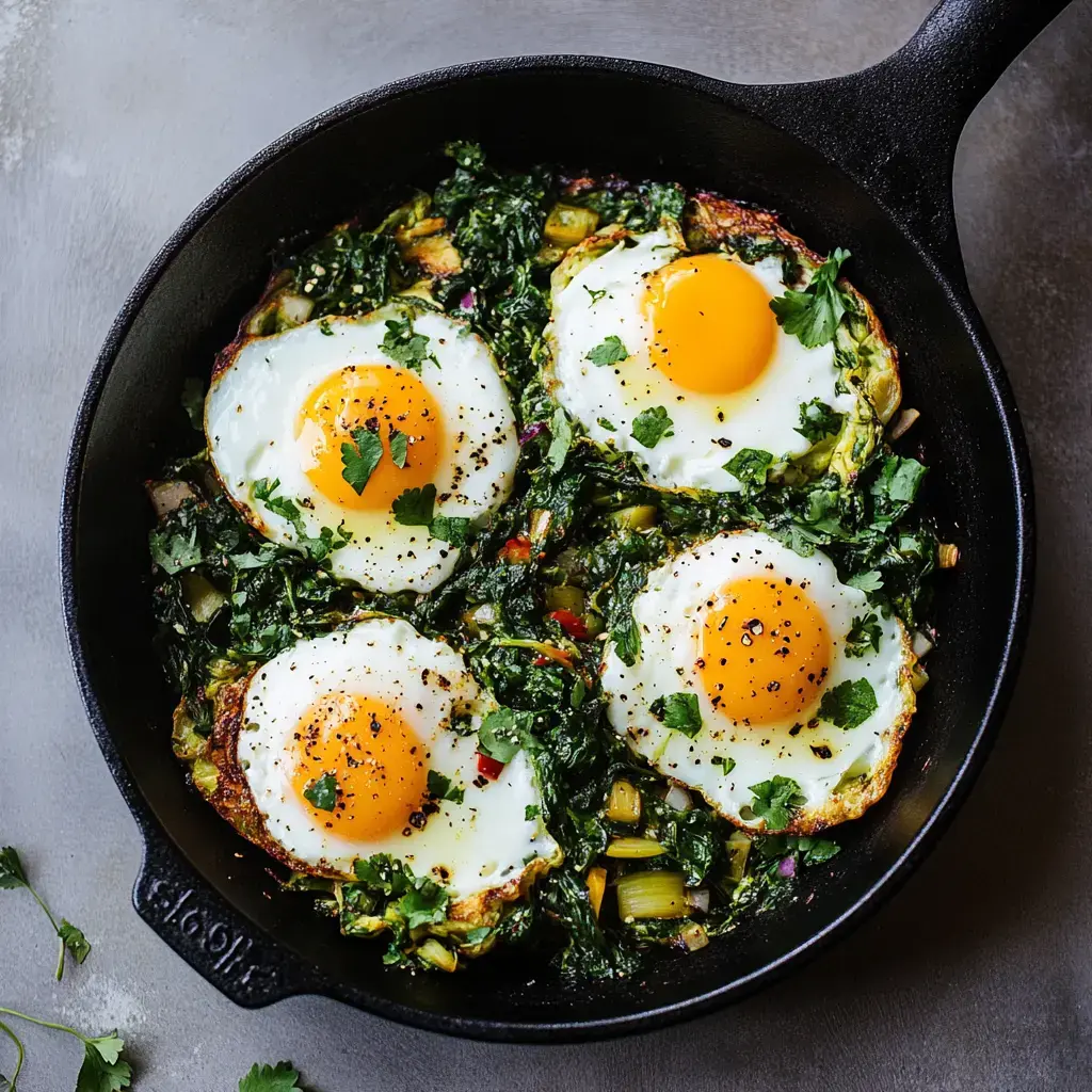Poêlée de légumes verts avec œufs pochés.
